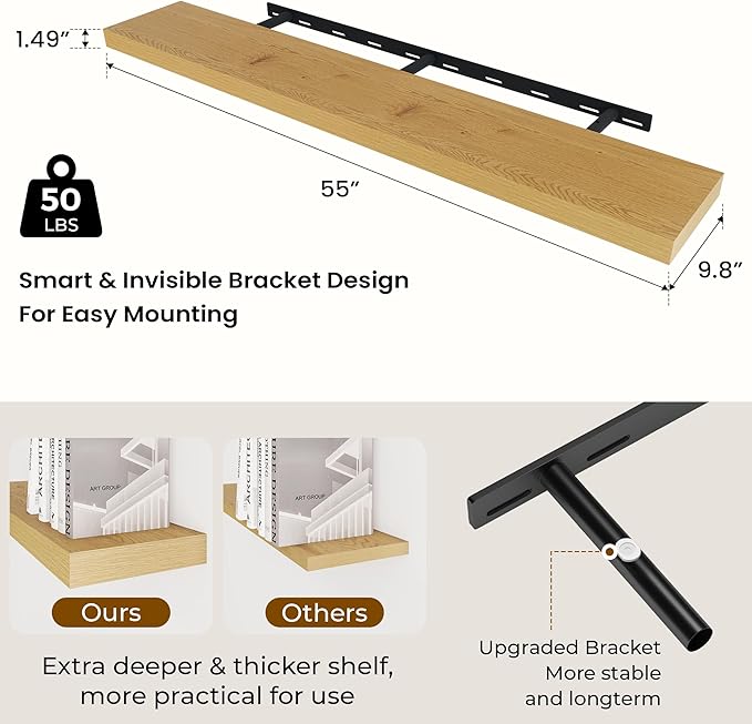 Dreamland 55 Inches Floating Shelves for Wall, 9.8" Deep Long Floating Shelves Set of 2, Large Display & Storage Shelf, Wall 