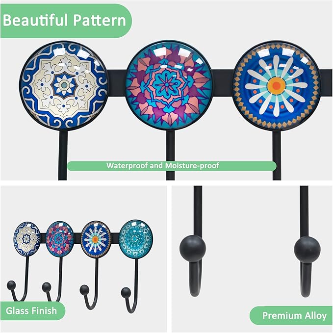 Coat Rack Wall Mounted with 4 Hooks, Round Blue Pattern Decorative Wall Hooks for Hanging Hat, Key, Towel, Purse, Bag and Rob