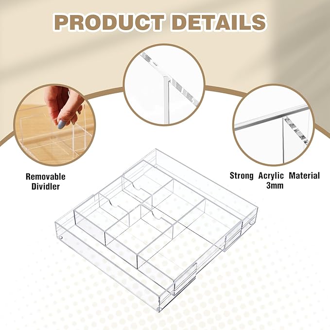 2 Pcs Acrylic Desk Drawer Organizer Maximum 12 x 18 x 2.1 Inch Expandable Drawer Organizer Trays with 8 Adjustable Compartmen