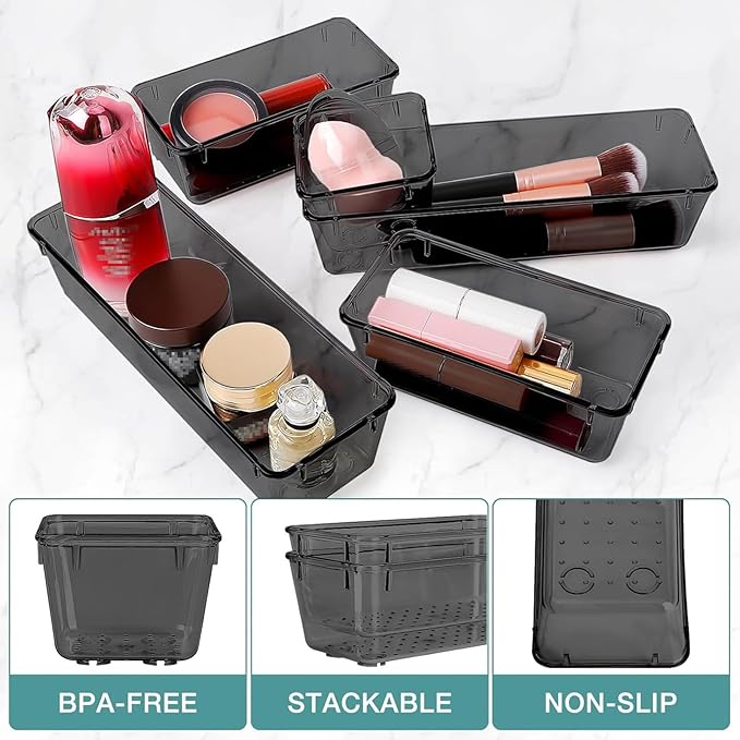 StorMiracle 13 PCS Drawer Organizer Set, 5 Varied Size Bathroom and kitchen Drawer cabinet organizer Trays, Clear Storage Bin