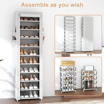 VTRIN Vertical Narrow Shoe Rack Organizer Tall Shoe Rack for Closet Entryway 10 Tier Non-Woven Cover Shoe Shelf Holds 20-22 P