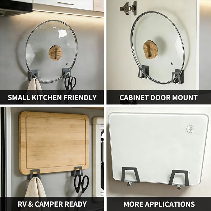 4 Pack Pot Lid Holders with Hook, Pot and Pan Hangers for Kitchen Inside Cabinet Wall Mount Rack Cabinet Door Lid Organizer, Save More Space, Grey