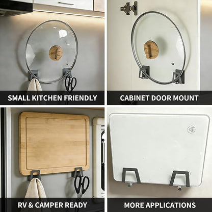 4 Pack Pot Lid Holders with Hook, Pot and Pan Hangers for Kitchen Inside Cabinet Wall Mount Rack Cabinet Door Lid Organizer, Save More Space, Grey