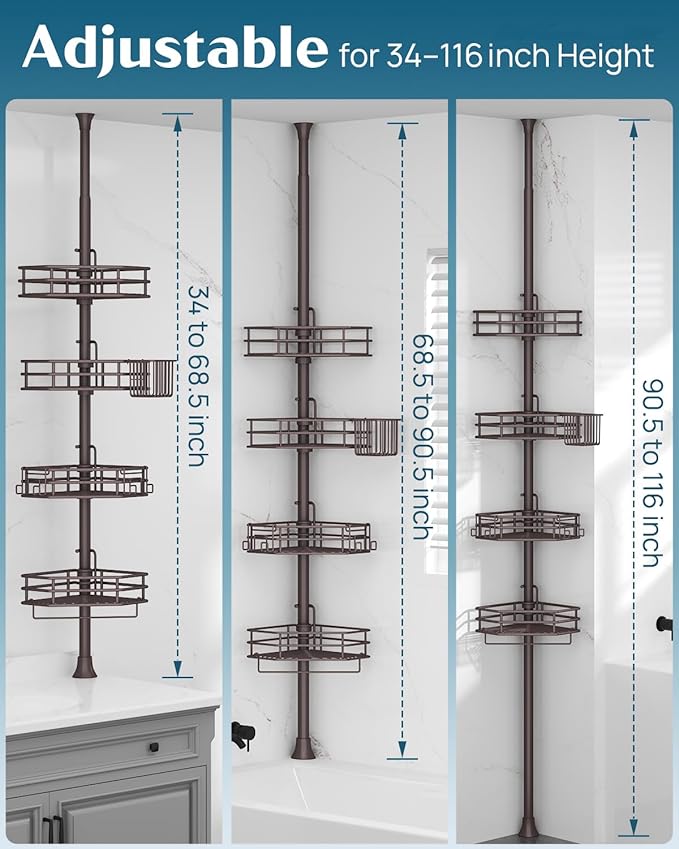 SEIRIONE Corner Shower Caddy Tension Pole, Adjustable Shower Organizer Corner with 4 Shelves, No Drilling Shower Shelf for In