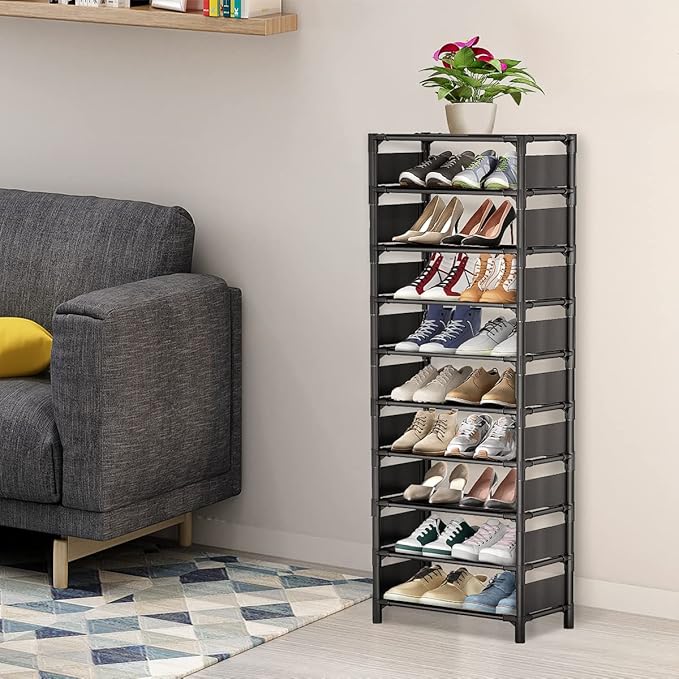 Shoe Rack - 10 Tiers Shoe Organizer with Detachable Fabric Shelves & Metal Frame, Up to 20-25 Pairs Narrow Tall Shoe Rack for