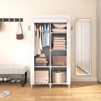 ROJASOP Portable Closet Wardrobe Closet for Hanging Clothes with 6 Storage Shelves, 1 Hanging Rod and 4 Pockets, Clothes Orga