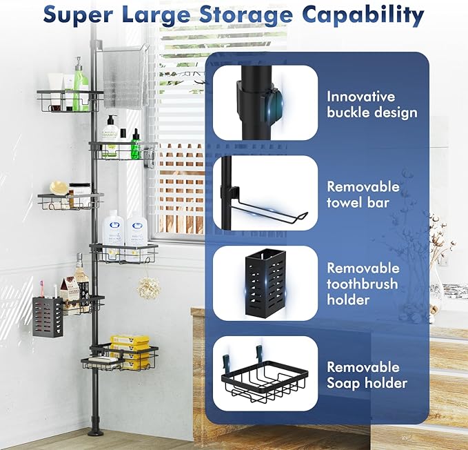 Shower Caddy Organizer Tension Pole, Rustproof 6-Pack Corner Shelf with 30-120 Inch Adjustable Shower Rack for Inside Shower,