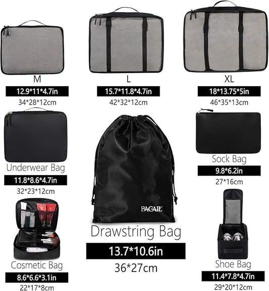 BAGAIL 8 Set Packing Cubes Luggage Packing Organizers for Travel Accessories-Jet Black