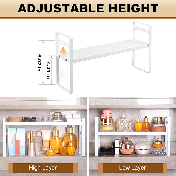 Small Expandable Medicine Cabinet Shelf, 3.58” Wide Metal Storage Stand with Adjustable Layers & Non-Slip Pads for Kitchen, P