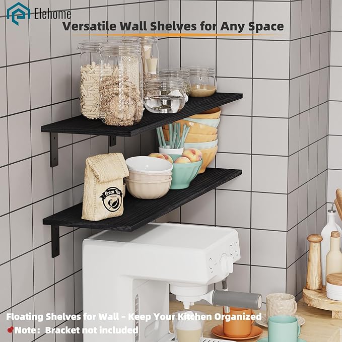 Floating Shelf Board for Wall 5/8" – No Brackets – 24" L x 10" W x 0.6" T Black Wood Melamine Wood Floating Shelves for Bathr