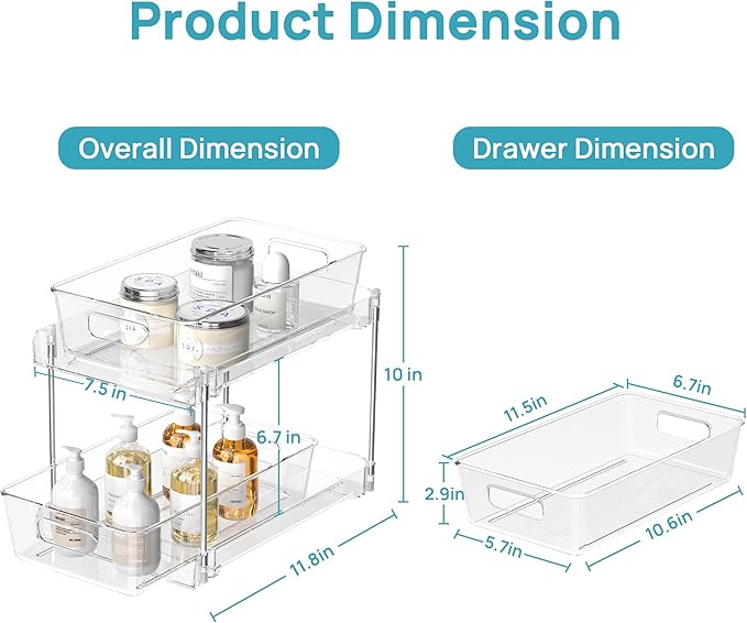 Vtopmart 2 Tier Bathroom Storage Organizer, 2 Pack Clear Under Sink Organizers Vanity Counter Container, Cabinet Drawers Bins