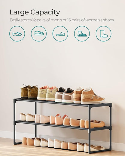 SONGMICS Shoe Rack, 2-Tier Shoe Organizer, Metal Storage Shelf, Upright or Upside Down, for 12-15 Pairs, Stackable, for Entry