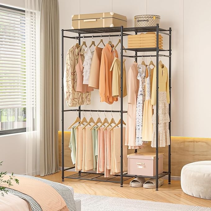 Neprock Portable Closets for Hanging Clothes, Freestanding Clothing Rack with 3 Hang Rods & 5 Shelves, Metal Wardrobe Garment