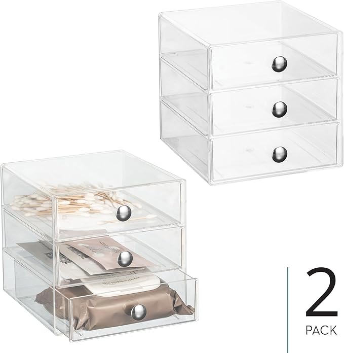 iDesign Stackable 3-Drawer Makeup Organizer for Bathroom or Vanity Storage - Set of 2 - Clear