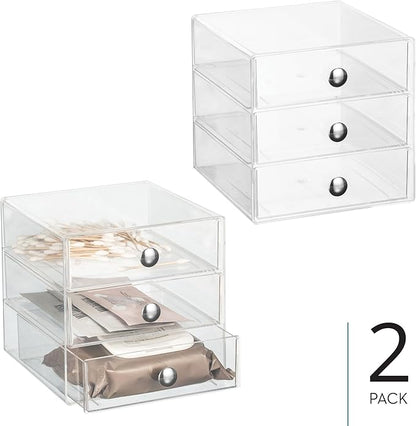 iDesign Stackable 3-Drawer Makeup Organizer for Bathroom or Vanity Storage - Set of 2 - Clear