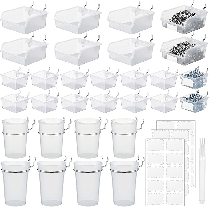 Sieral 64 Pieces Pegboard Bins Pegboard Cups with Hooks and Loops Peg Hooks Assortment Organizer Accessory for Organizing Acc
