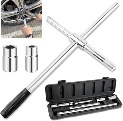 Extended Lug Nut Removal Tool Kit with 4 Way Lug Wrench,23" Telescopic Tire Iron Lug Wrench with 2 Standard Sockets(17,19,21,