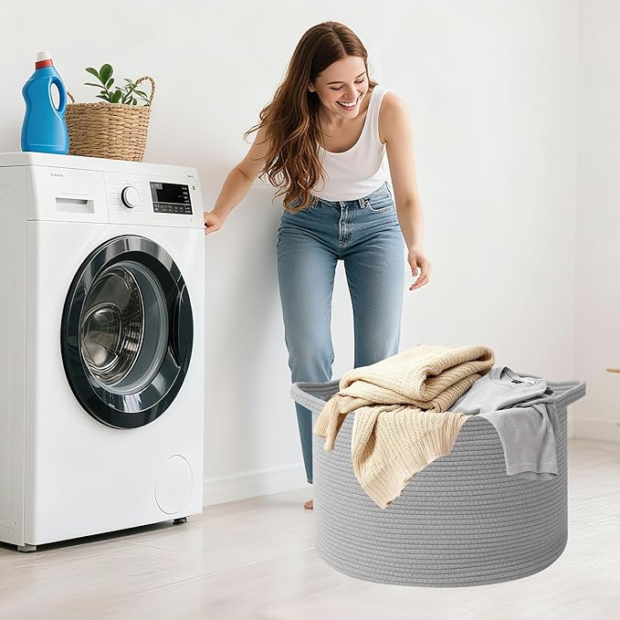 115L Large Blanket Basket,23.6" L x 23.6" W x 15.7" H Rope Woven Baskets with Handles, Toys Storage Bins,Laundry Basket Perfe