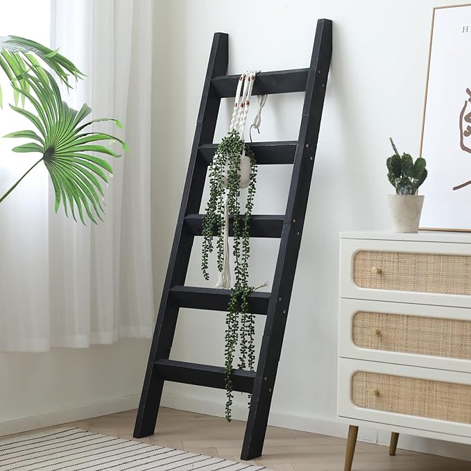 FUIN 5ft (58") Wood Blanket Ladder Living Room Decorative Wall Leaning Farmhouse Quilt Display Holder Storage Rustic Wooden T