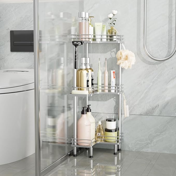 Consumest Corner Shower Caddy Standing - 3-Tier Stainless Steel Shower Organizer with Soap Holder and 4 Hooks, Large Capacity