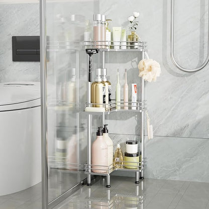Consumest Corner Shower Caddy Standing - 3-Tier Stainless Steel Shower Organizer with Soap Holder and 4 Hooks, Large Capacity