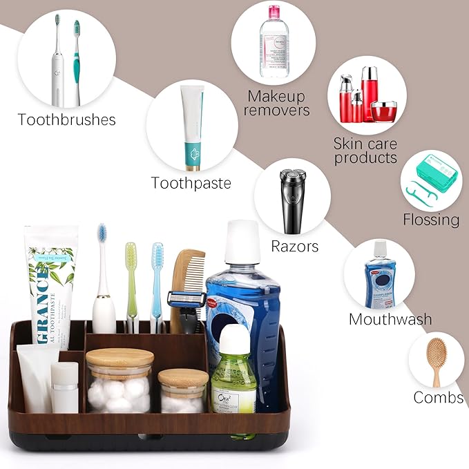 GFWARE Wood Toothbrush Holders for Bathrooms Countertop Organizer - Detachable 7 Slots Kid Bathroom Decor and Accessories, Wo