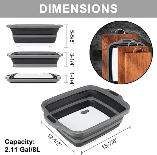 Collapsible Cutting Board with Container, Foldable Camping Sink with Colander, BBQ Prep Tub with Lid, Multifunction Dish Basi