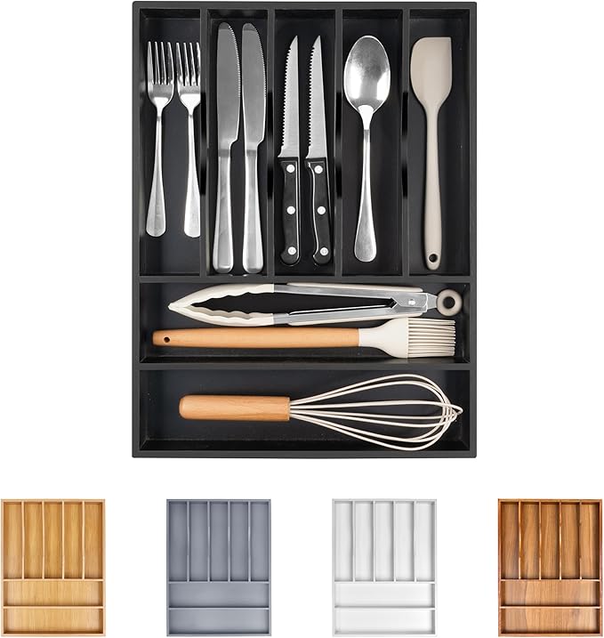 Bellsal Bamboo Silverware Drawer Organizer, Utensil Kitchen Drawer Organizer, Utensil Holder Cutlery Tray with Grooved Drawer