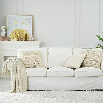 Chunky Cable Knit Throw Blanket Lightweight Cream 100% Organic Cotton Blanket for Sofa Couch Bed Baby Nursery, Rustic Shabby 