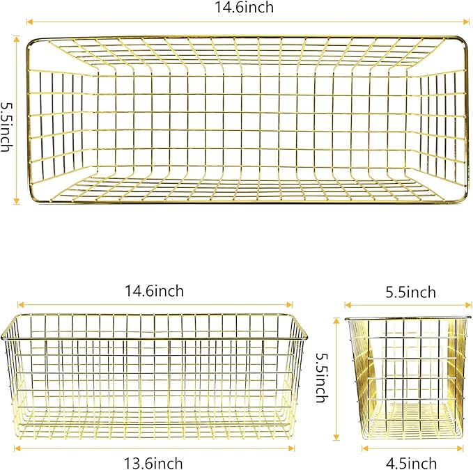 2 Sets Extra Large Hanging Wall Basket, Gold Metal Wire Baskets with Steel Hooks for Organizing, WallmountedFruit Vegetable T