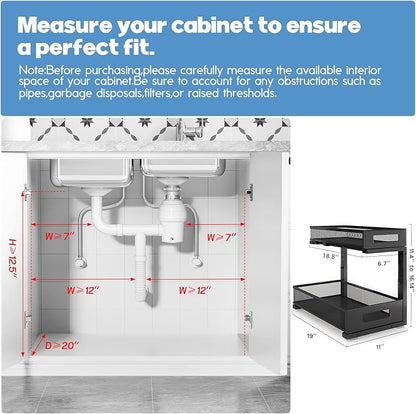 1 Pack 19IN Depth Under Sink Storage Organizer, Large 2-Tier Elegant Mesh Pull Out Shelf for Kitchen and Bathroom Cabinet Org