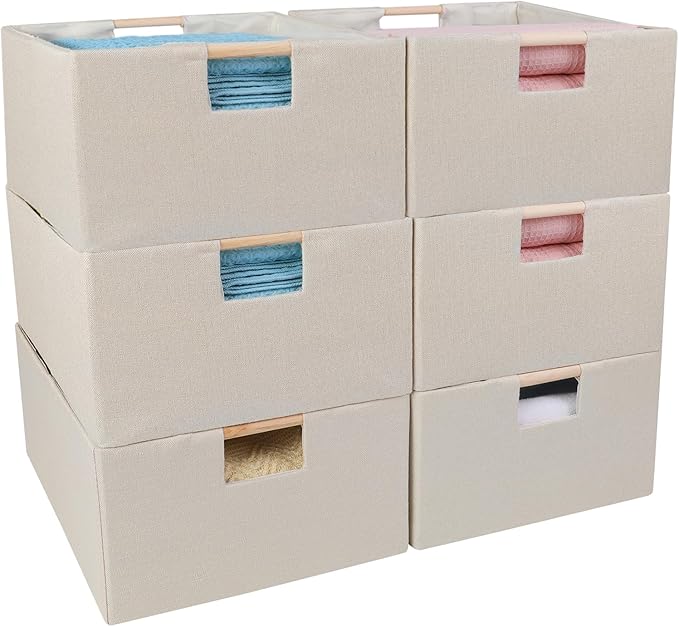 ANMINY 6PCS Storage Baskets for Organizing Collapsible Fabric Storage Bins Boxes with Wood Handles Closet Shelves Cube Organi