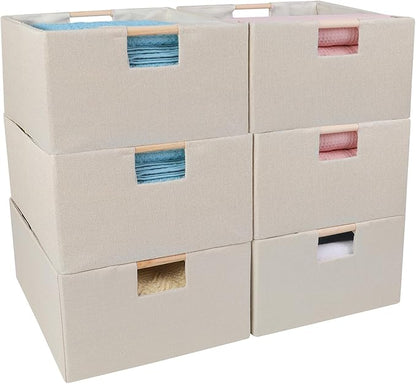 ANMINY 6PCS Storage Baskets for Organizing Collapsible Fabric Storage Bins Boxes with Wood Handles Closet Shelves Cube Organi