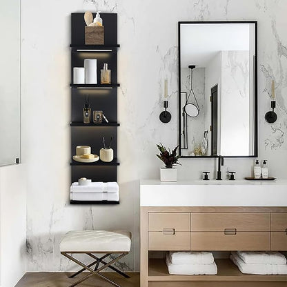 5 Tier Wall Shelf Unit, Black Shelves,Lack Shelf, Wall Shelves for Bedroom，Office,Bathroom, Vanity Shelves with LED Remote Co