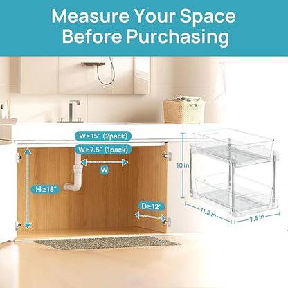Vtopmart 2 Tier Bathroom Storage Organizer, 2 Pack Clear Under Sink Organizers Vanity Counter Container, Cabinet Drawers Bins