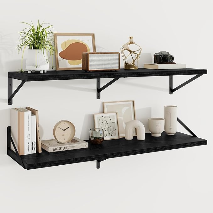 Floating Shelves, 12 Inch Deep Rustic Wood Wall Storage, 48W x 12D Wall Shelves Set of 2, Heavy Duty Metal Brackets, Large In