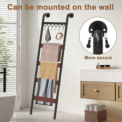 Wooden Blanket Ladder, Wall-Leaning Blanket Rack, 5 Tier Ladder Shelf, 5.6 ft Blanket Holder, Decorative Display Ladder Shelf