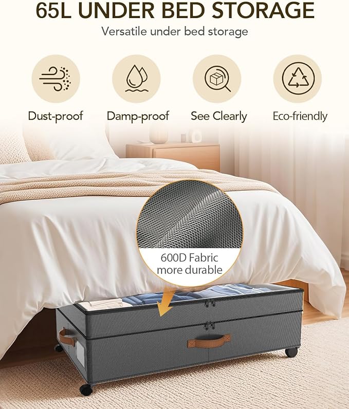 Under Bed Storage with Wheels, 10 inches Under Bed Storage Containers, 65L XXL Large Adjustable Underbed with Lids, Rolling U