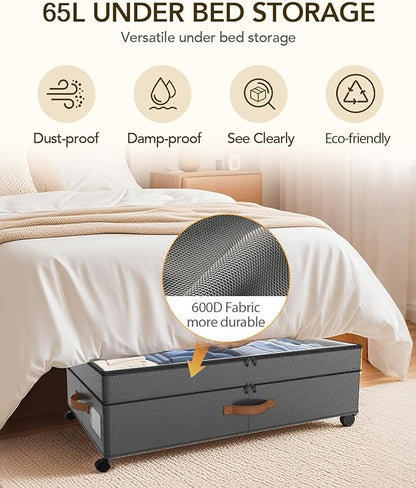 Under Bed Storage with Wheels, 10 inches Under Bed Storage Containers, 65L XXL Large Adjustable Underbed with Lids, Rolling U