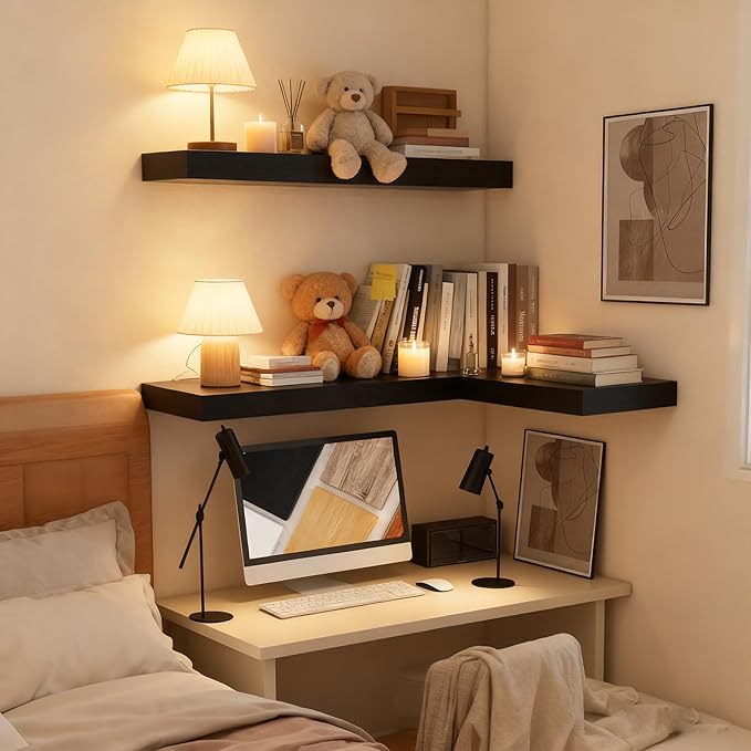 23.6 inch Black Floating Shelves Set of 2, Solid Wood Wall Mounted Shelves, Heavy Duty Display Storage Shelves for Bedroom, L