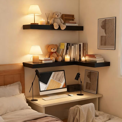 23.6 inch Black Floating Shelves Set of 2, Solid Wood Wall Mounted Shelves, Heavy Duty Display Storage Shelves for Bedroom, L
