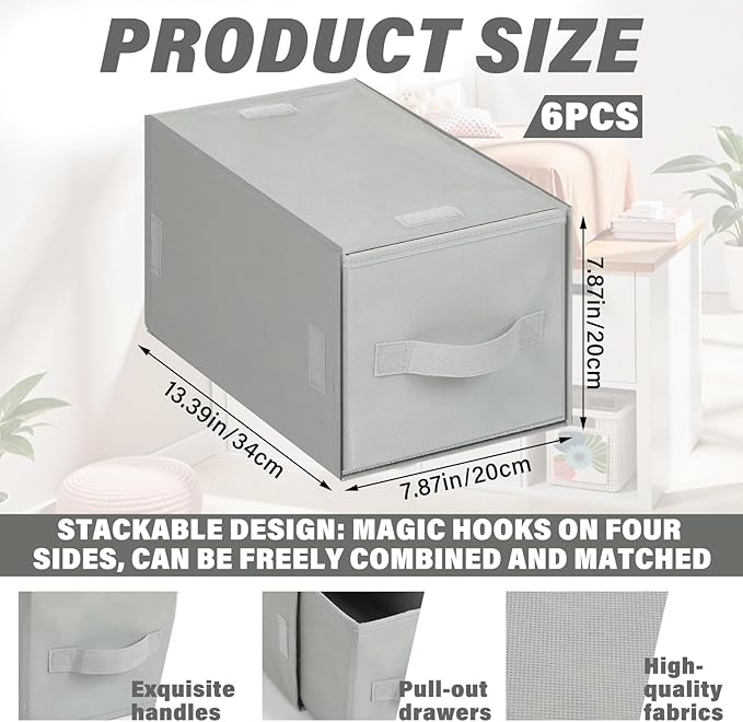 Weysat 6 Pack Stackable Storage Drawers Collapsible Closet Organizer with Drawer Cube Organizer Shelf Storage Fabric, Clothes
