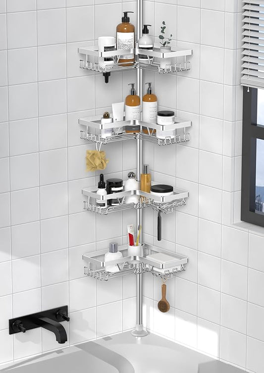 KEGII SUS304 Corner Shower Organizer, Stainless Steel Tension Pole Corner Bathroom Caddy, No Drilling Required Adjustable Sho