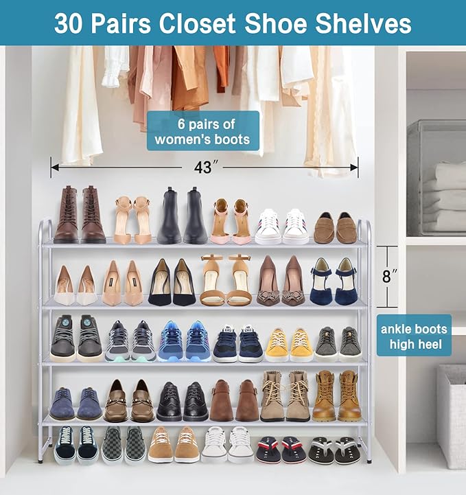 KIMBORA Long Shoe Rack for Closet, 30 Pairs Stackable Shoe Storage Organizer Wide 4 Tier Sneaker Shelf for Bedroom Floor (Gre