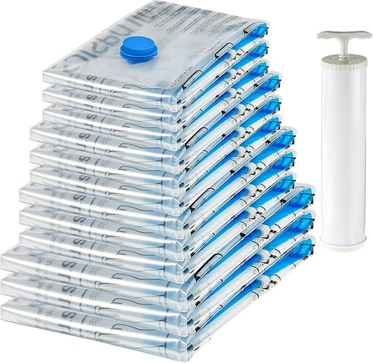 Amazon Basics Vacuum Storage Bags with Hand Pump for Travel, Space Saving Compression Bags for Clothes and Blankets, Clear, 1