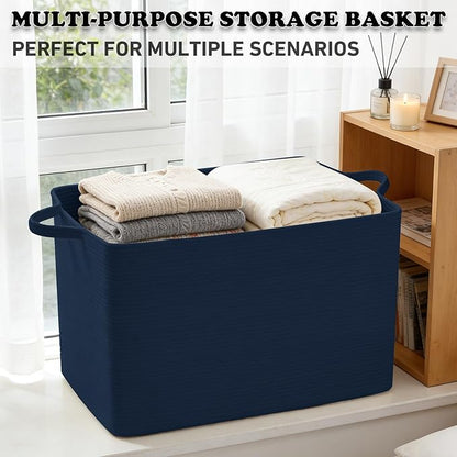 65L Large Blanket Basket,21"x16"x12" Rectangle Storage Bin with Handles,Woven Rope Laundry Basket for Toys, Clothes,Pillows,M