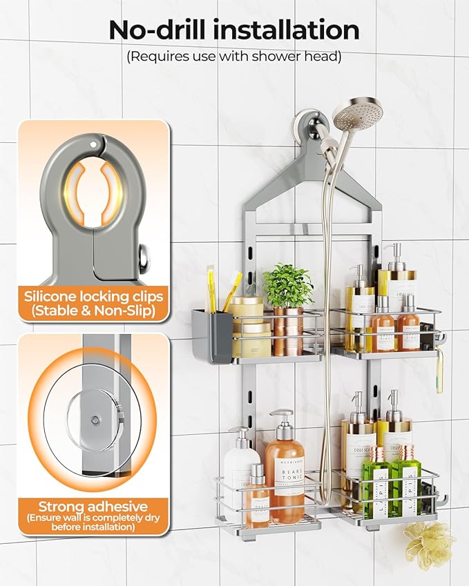 ODesign 2 Tier Height-Adjustable Shower Caddy Hanging Anti-Swing-Over The Shower Head Caddy-Storage Organizer Bathroom Shelve