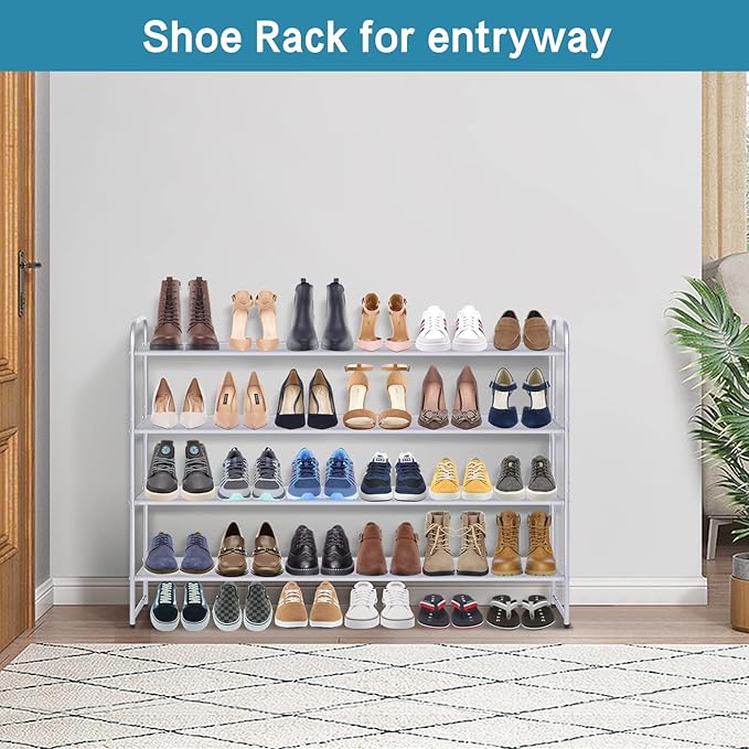 KIMBORA Long Shoe Rack for Closet, 30 Pairs Stackable Shoe Storage Organizer Wide 4 Tier Sneaker Shelf for Bedroom Floor (Gre