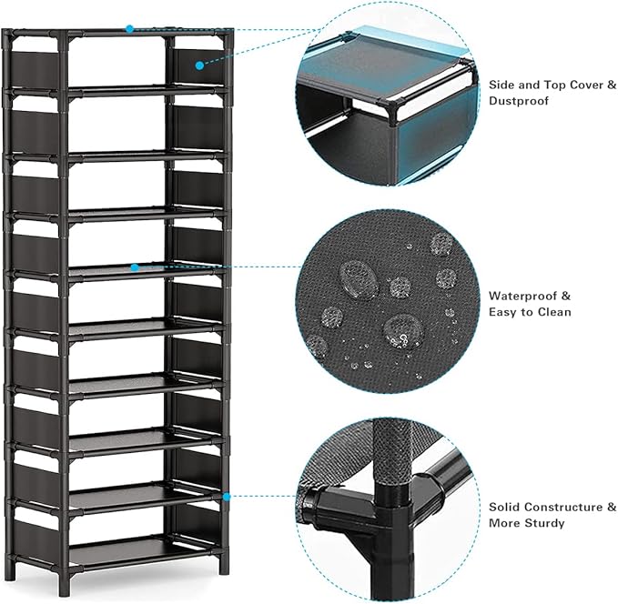 Shoe Rack - 10 Tiers Shoe Organizer with Detachable Fabric Shelves & Metal Frame, Up to 20-25 Pairs Narrow Tall Shoe Rack for