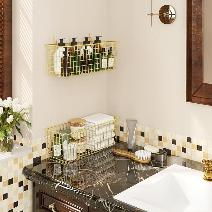 2 Sets Extra Large Hanging Wall Basket, Gold Metal Wire Baskets with Steel Hooks for Organizing, WallmountedFruit Vegetable T